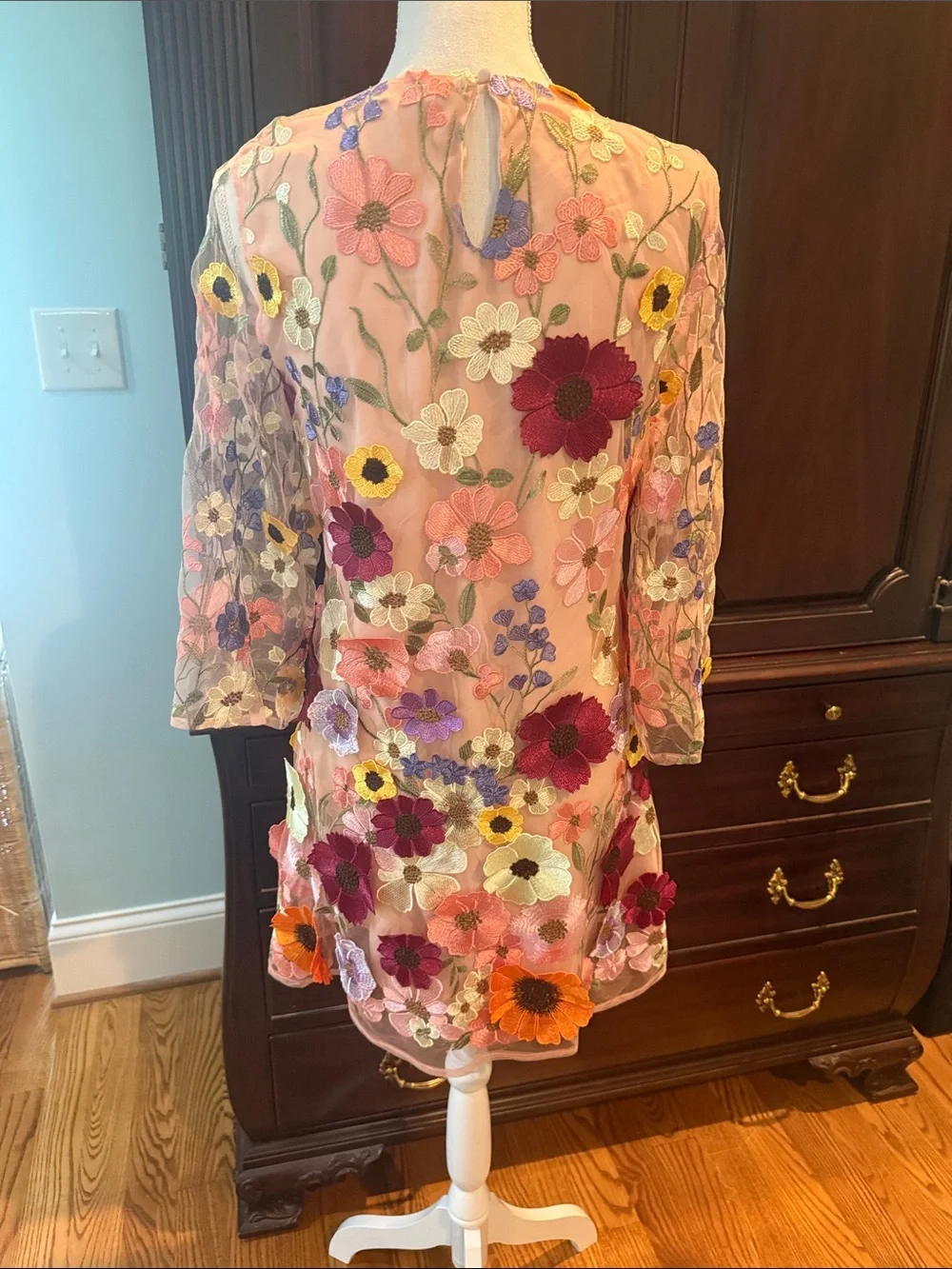 Storia Pink Sheer Mini Dress with Multicolor Floral Embroidery